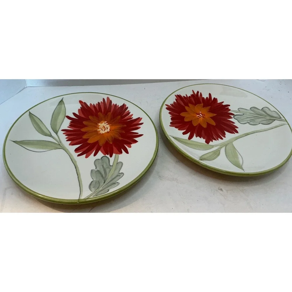 Dansk Lime Twist Dahlia Accent Salad Plates Handpainted Floral Set of 2 8.25